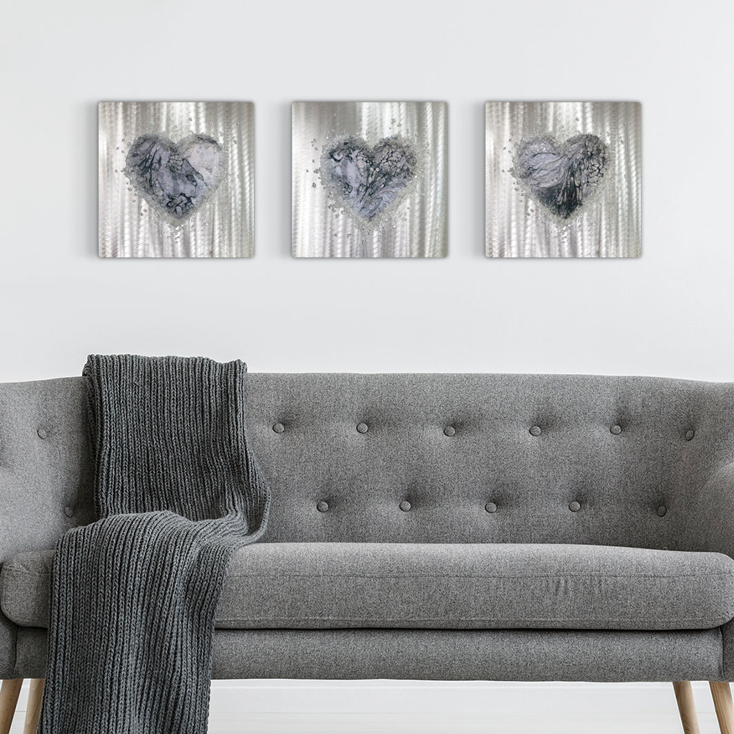 Crystal Glass Heart Set of Three, Grey and White