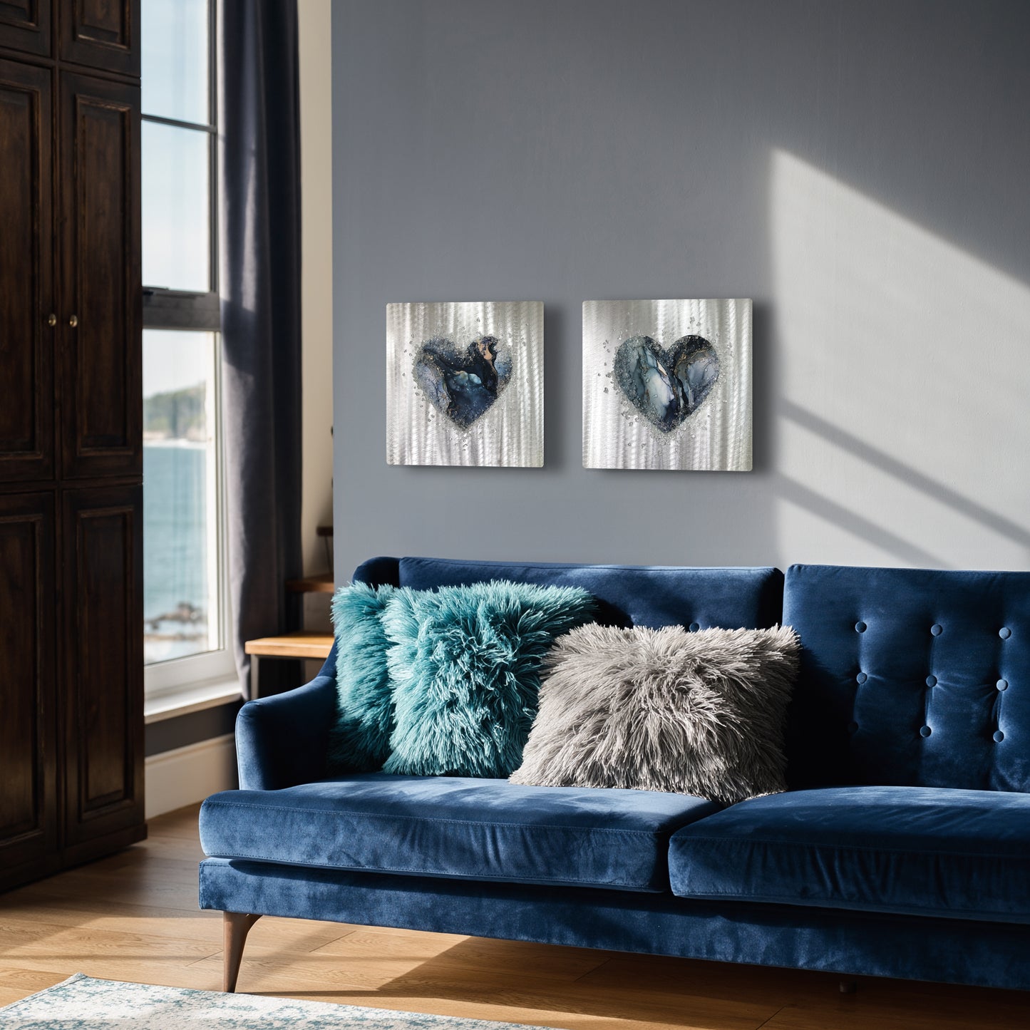 Crystal Glass Heart Duo, Navy