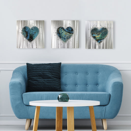 Crystal Glass Heart Set of Three, Teal